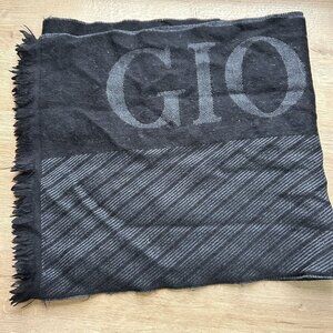 Giorgio Armani Black 100% Wool Logo Rectangle Fringe Scarf